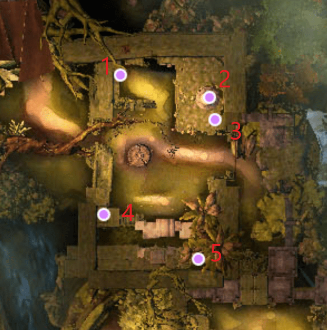 Botões e localizações da fase 2 do Spirit Woods