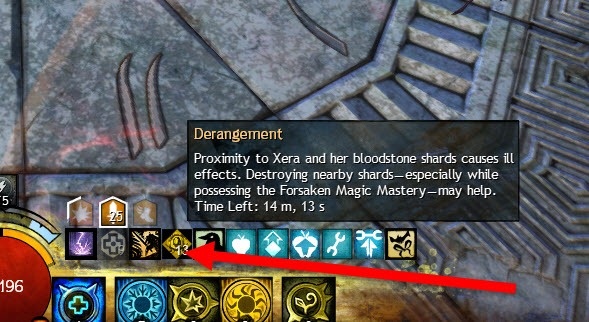 Indicadores de stacks de Derangement por cima da personagem