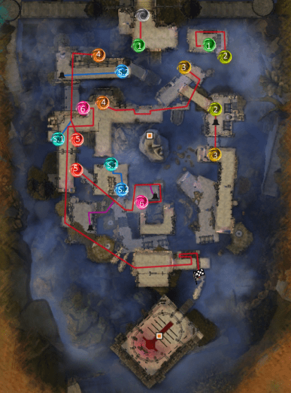 Mapa do Twisted Castle com posições dos botões e portais - vista 1