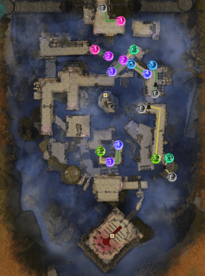 Mapa do Twisted Castle com posições dos botões e portais - vista 2
